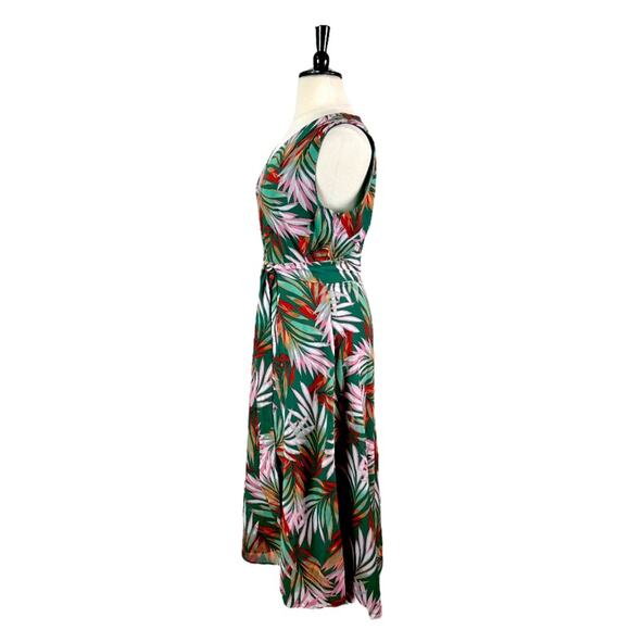 Tahari Maxi Dress V-neck Tie Waist Chiffon Green Tropical Leaf Women’s Size 16 - Picture 5 of 13
